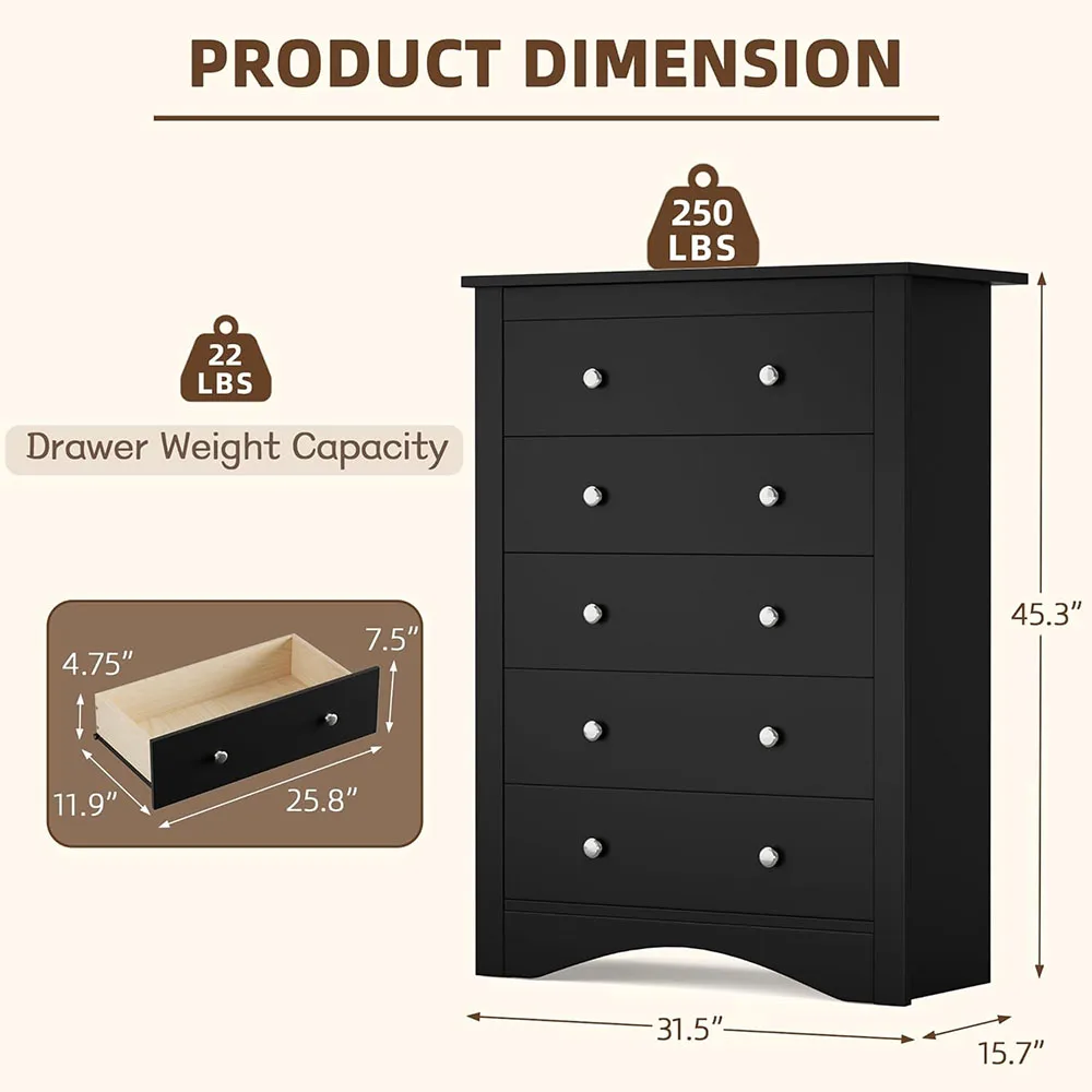 product tall modern wooden dresser with 5 drawers mdf panel storage for bedroom and living room black-4