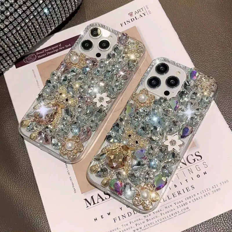 Luxury Girls Women Bear Design Rhinestone Phone Case For iPhone 15 Pro Max 14 13 Samsung A73 S24 Note 20 Diamond Case Back Cover