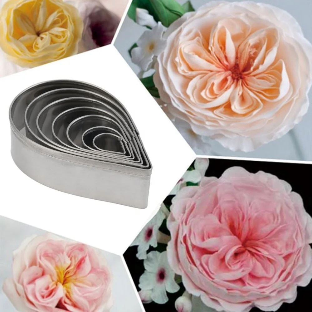 7Pcs Stainless Steel Baking Cake Decorating Fondant Tools Petal Gum Paste Mold Austin Rose Paisley Shaped Flower Petals Cutter