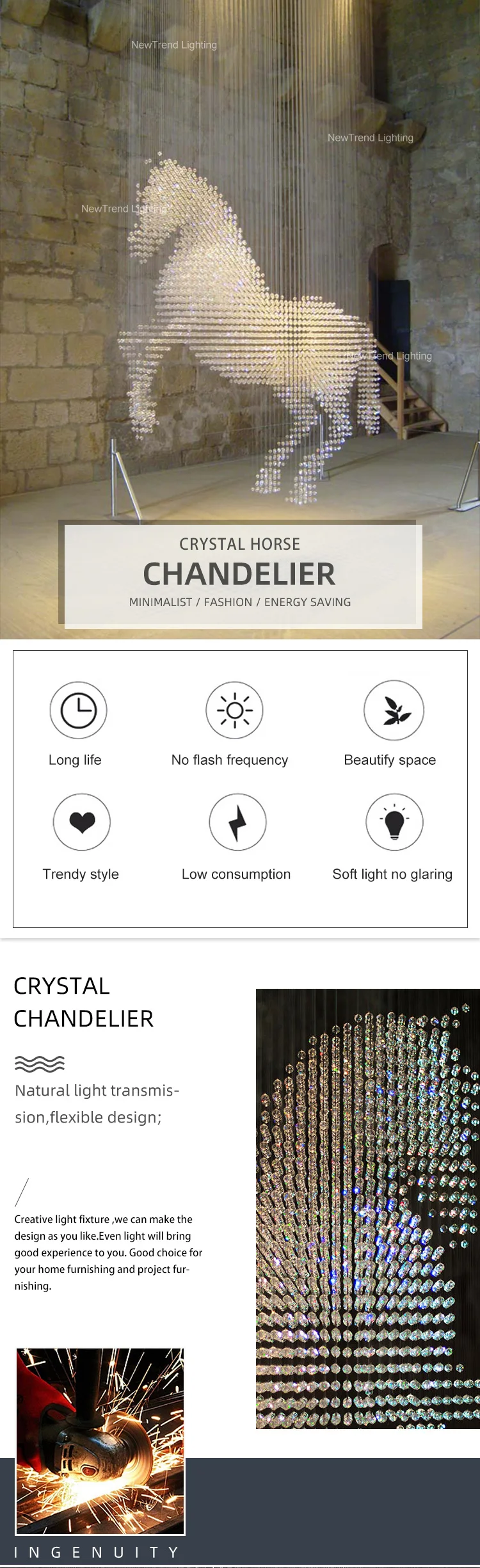 CPL-141 Custom Hotel Lobby Villa Salon Decoration Large Project Modern LED Sculptural Horse Crystal Chandelier supplier