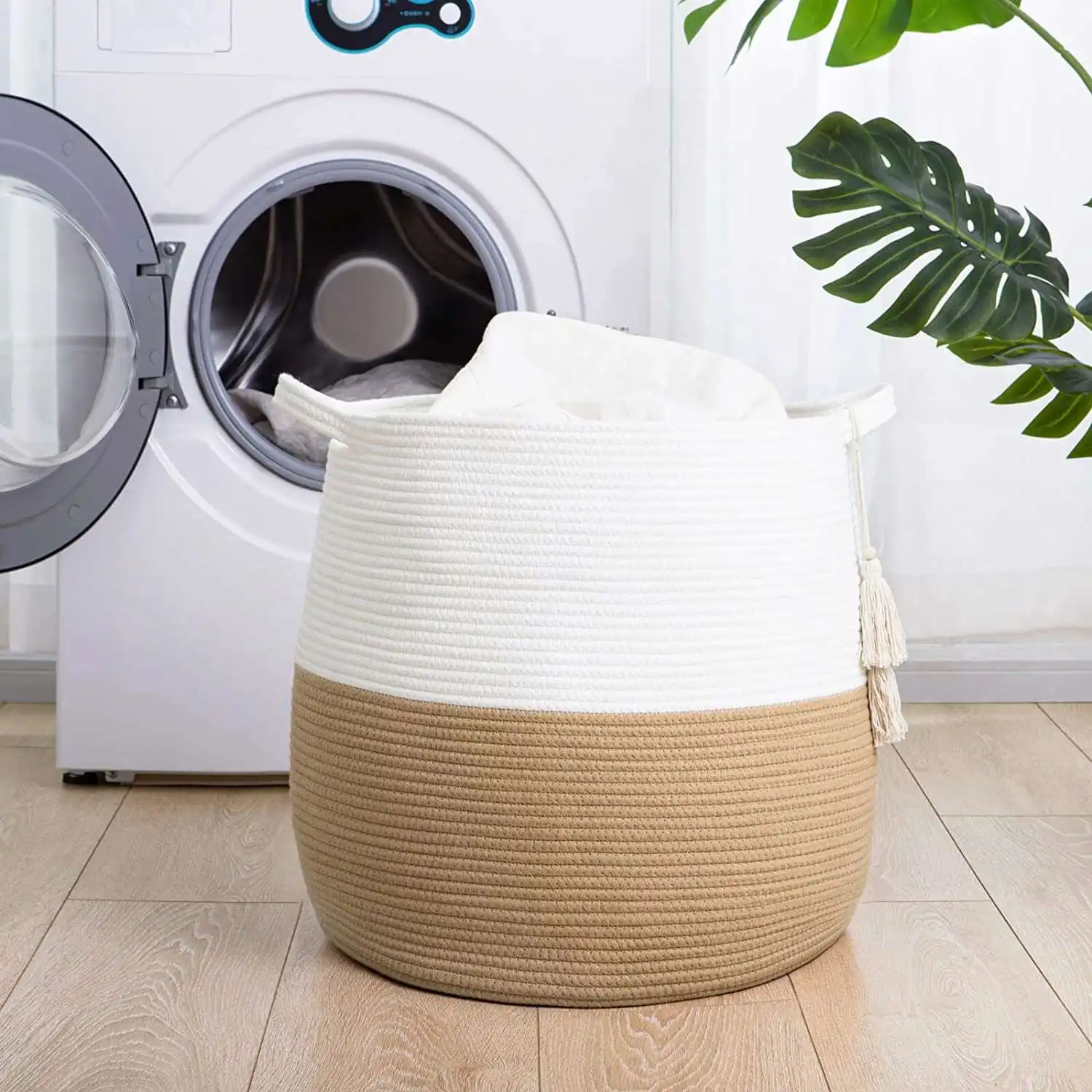 Woven Rope Storage Basket for Organizing, Boho Decorative Laundry Basket for Living Room, Round Basket for Towels, Toys