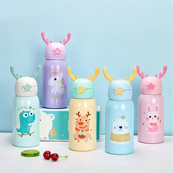 Cute Horn Design Leak-Proof 500ml/17oz Kids Water Bottle with Sip Straw Two Lids Back School Accessory BAG for School Accessory