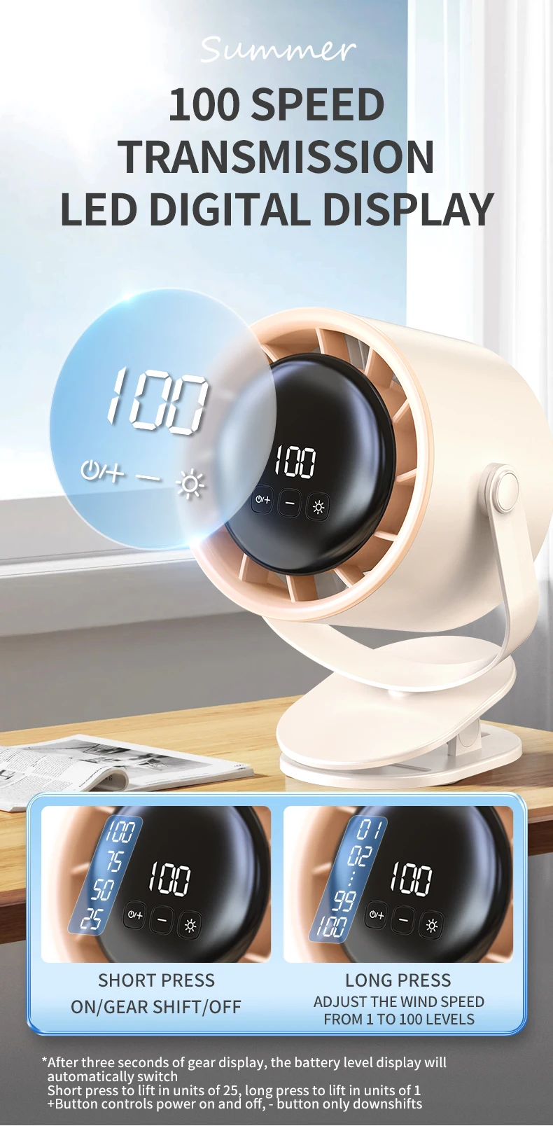 Rechargeable Mini Clip Fan, USB, 4000mAh - detail 6