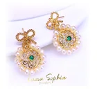 Pearl Stud Earrings Wholesale Exquisite Gilded Note Natural Pearl Bow Circle Green Stone Jewelry Stud Earrings
