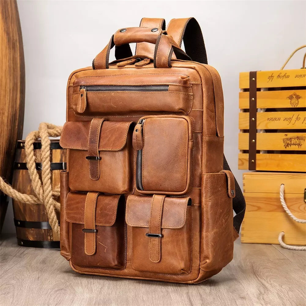 Vintage Genuine Leather Man'S Travel Backpack Men Leather Backpack Large Capacity Multiple Pockets Laptop Backpacks