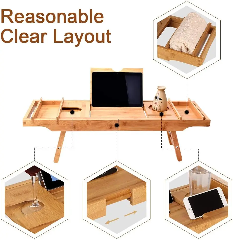 product expandable bathtub caddy tray with folding legs bath shelf for tub wine glass phone holder luxury spa bathroom organizer-0
