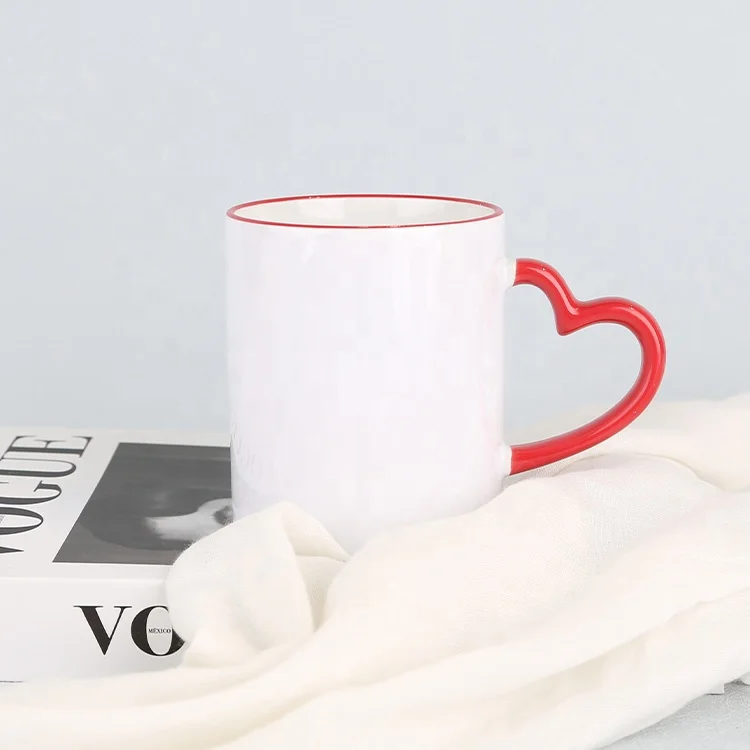 Gloway Oem LOGO 11oz Heart Handle Bright Colors Rim Modern Coffee Mugs Milk Cup Ceramic Sublimation Mug For Valentine's Day Gift