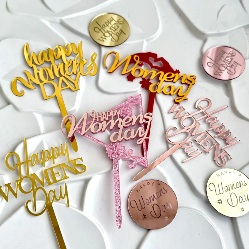 Hot selling happy women's day cake decoration gold acrylic cupcake topper for mother's day