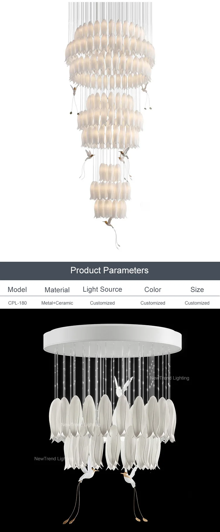CPL-180Modern Design Indoor Decoration LED Lighting Flower Modleling Villa Staircase Ceramic Custom Chandelier factory