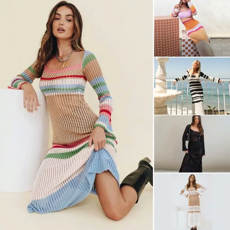Summer New Beach O Neck Crochet Striped Midi Dress Ladies Cutout Skinny Knit Dress Sweater