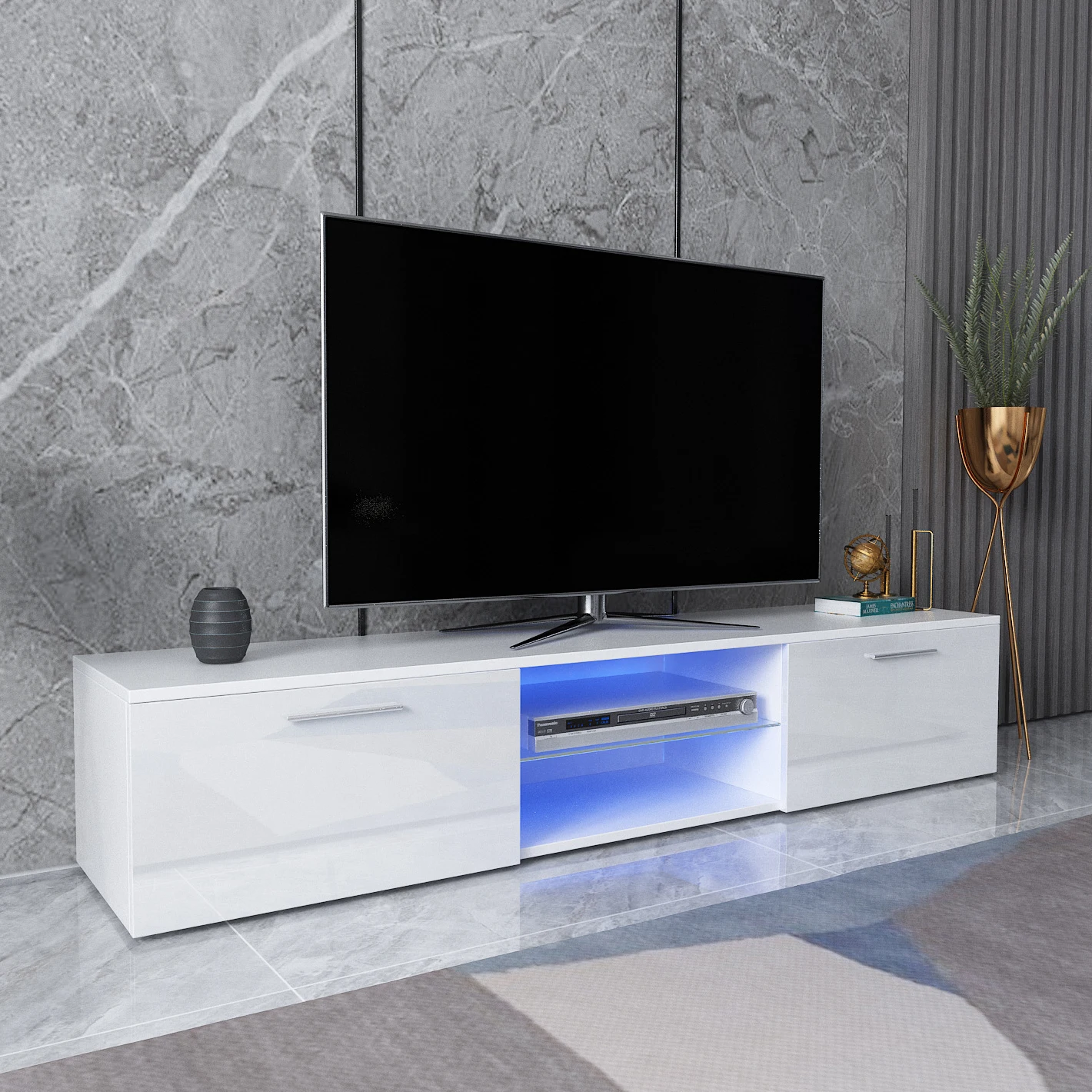 Living Room TV Unit with LED Lights High Gloss TV Shelves Console Storage Cabinet