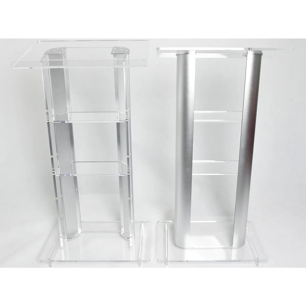 Brushed Stainless Steel Sides Pulpit Clear Silver Acrylic Plexiglass Podium Curved Lectern