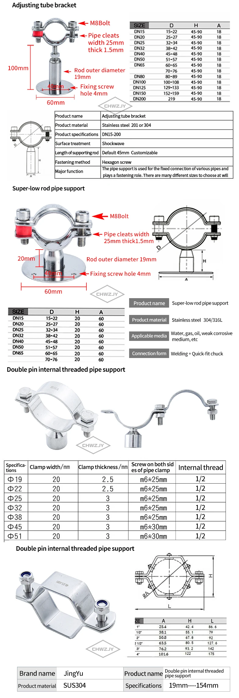 Tubing Hanger Hangers With Clips Screw Set Pipe Clamp Stainless Steel