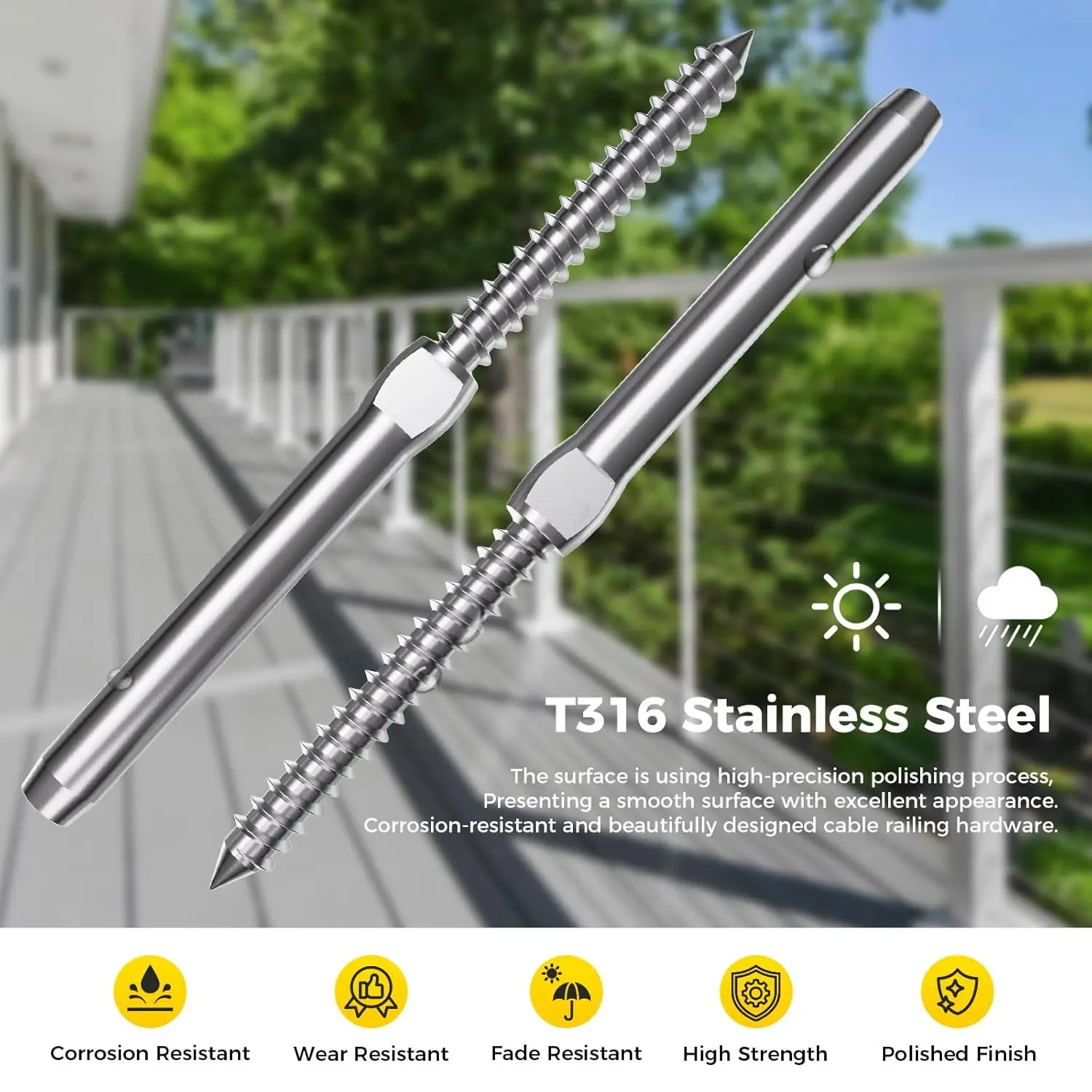 T316 Stainless Steel Cable Railing Hardware with Waterproof Rust-proof Swage Lag Screws Suitable for 3/16-inch Cables