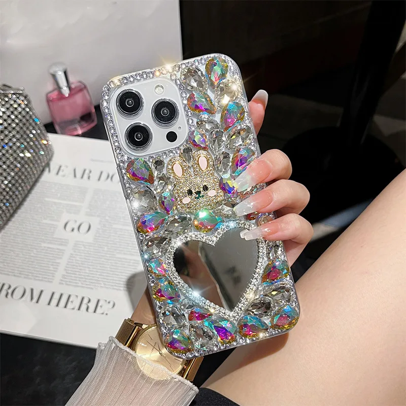 Makeup Mirror Design Glitter Diamond Phone Case For iPhone 15 Pro Max Luxury Rhinestone Covers For iPhone 14 13 12 11 Pro Max