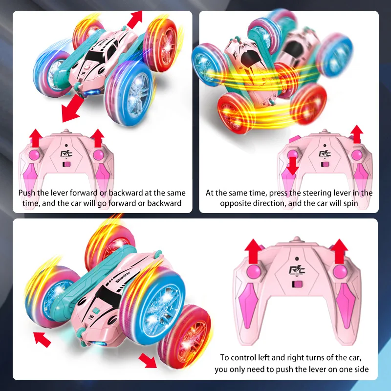 Pink Color Rc Stunt Car Cool Light Remote Control Car Double-sided Rolling Driving Tipper Truck Toy for Girls Gift