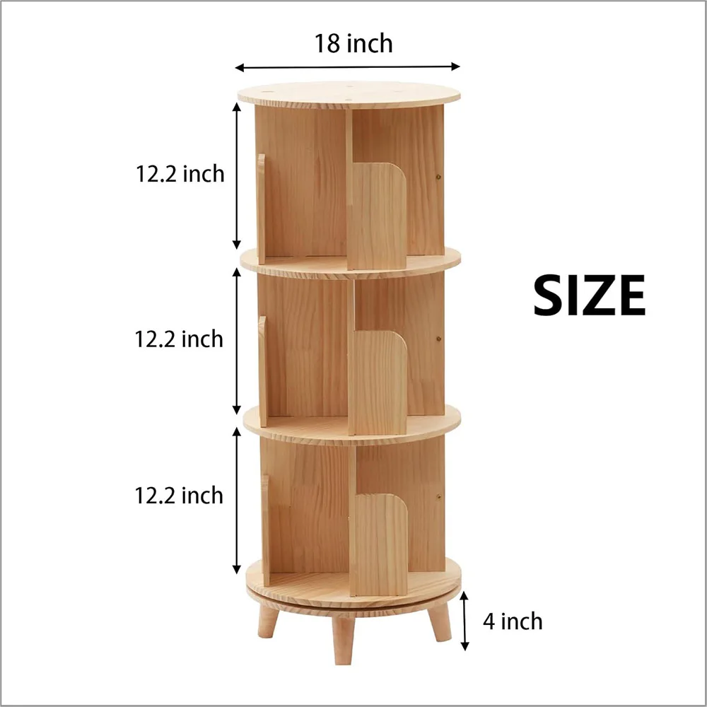 Modern 3-Tier Rotating Bookshelf with 360 Display Wood Panel Standing Kids Bookcase with Legs details