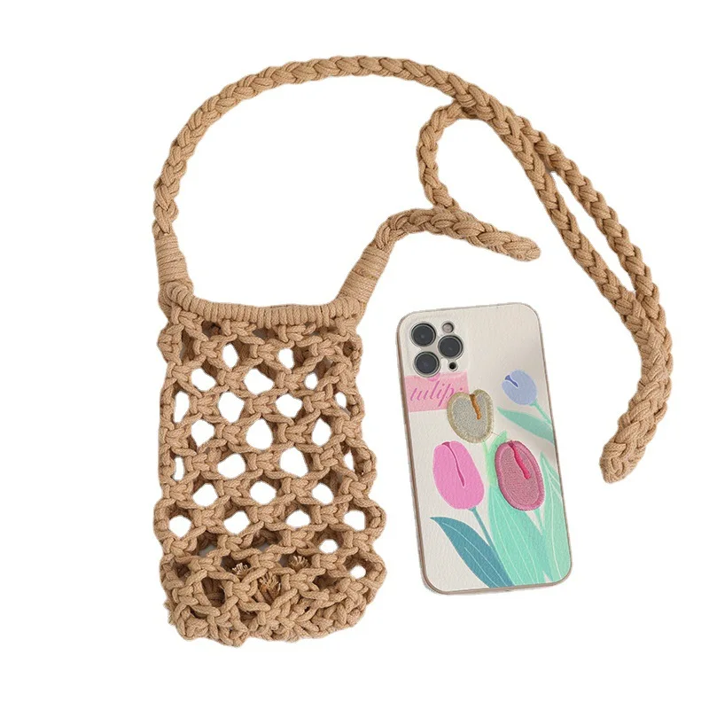 Color crossbody cotton yarn straw bag hollow out cotton yarn woven bag mobile phone cute summer bag woman