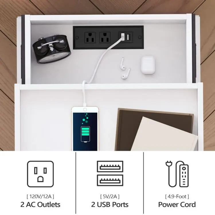 Modern Smart White Wooden 2 Drawer Bedside Table Wooden LED Nightstand Bedside Table With Charging Station Usb Ports For Bedroom