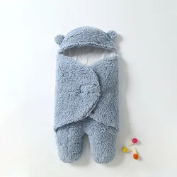 Wholesale 2023 Unisex Animal Bear Patterns Fleece Swaddle Wrap Newborn Blanket Sleeping Bag Winter Baby Wrap with Ears