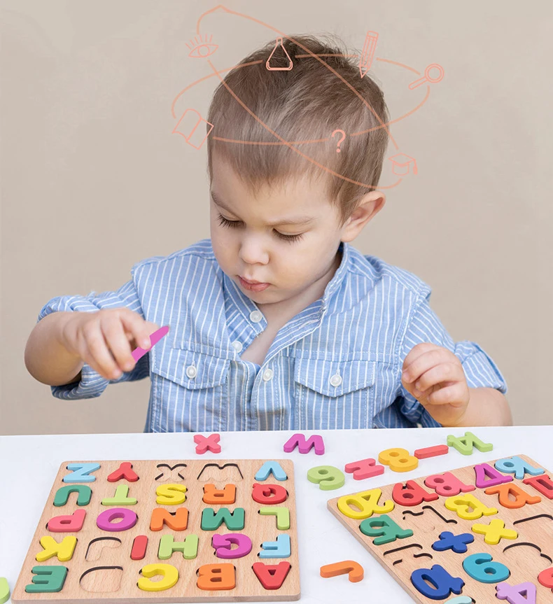 Holz-3D-Puzzle Alphabet-Zahlen-Matching Englisch Kognitive Hand Greifbrett Montessori Frühpädagogisches Spielzeug für Kinder Details