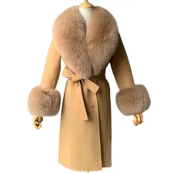 Wholesale Ladies Double Face Wool Coat Real Fox Fur Big Collar Design Fur Jacket Fashion Soft Cashmere Trench Coat Women