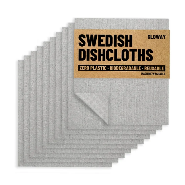 Gloway Kitchen Accessory LOGO Printing Multipurpose Gray Blank Natural Swedish Dishcloth High Absorption Cellulose Sponge Cloth