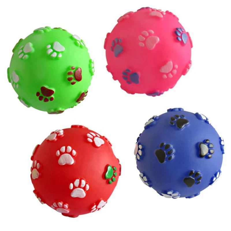Ball Squeak Playing Toy 7cm Rubber Pet Dog Paw Print Ball Toy Sound Squeaky Squeaker Dog Cat Chew Interactive