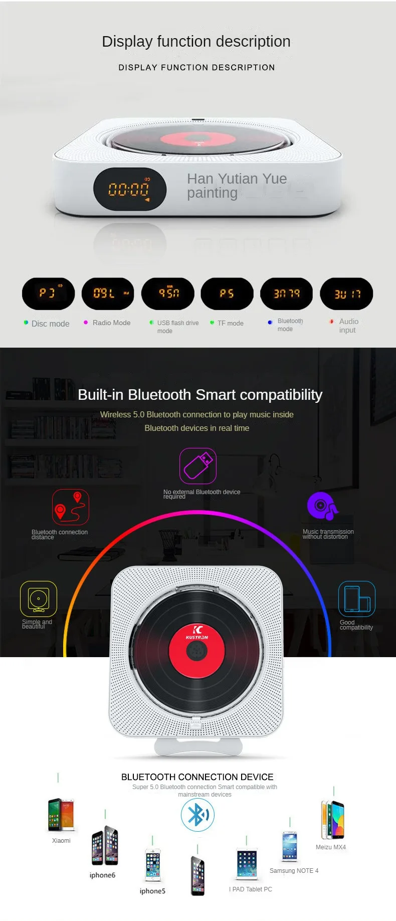 Wall Mounted Multi Functional Home Wireless Speaker Album  Audio Radio CD Player Desk Portable Retro Speaker