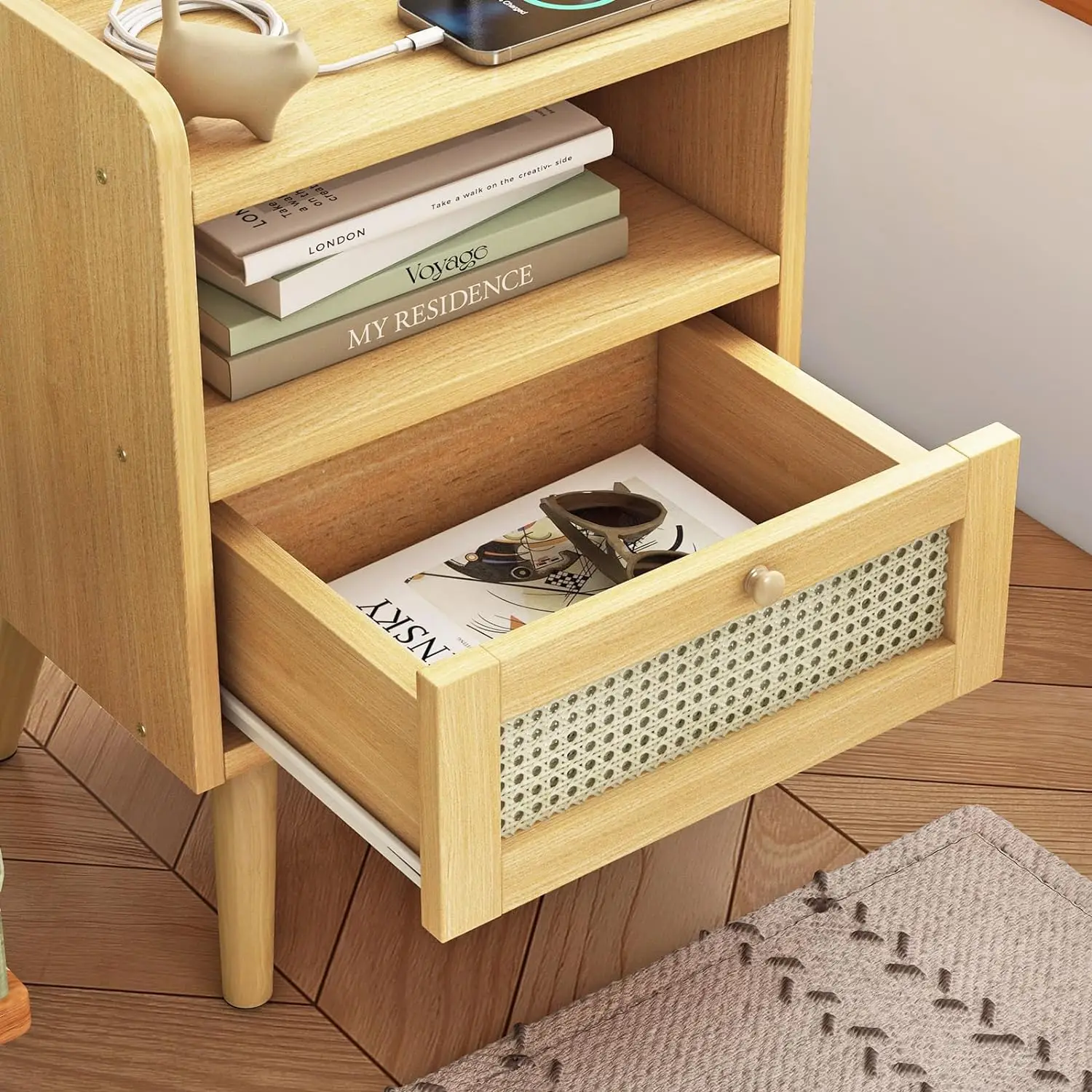 Factory Wholesale Wooden Nightstand Small End Table With Rattan Drawer Bed Side Organizers Furniture