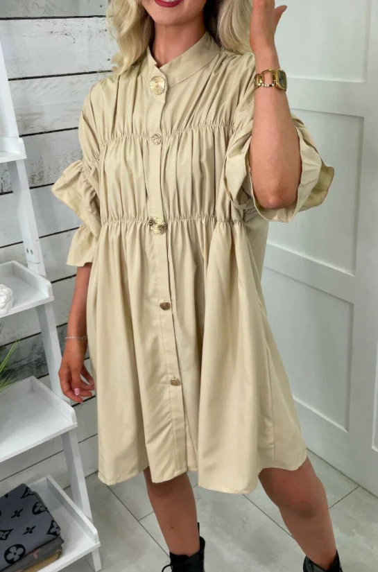 Clothing Factory Wholesale Women's Pleated Open Button Stand Collar Shirt Style Personality Loose Dress