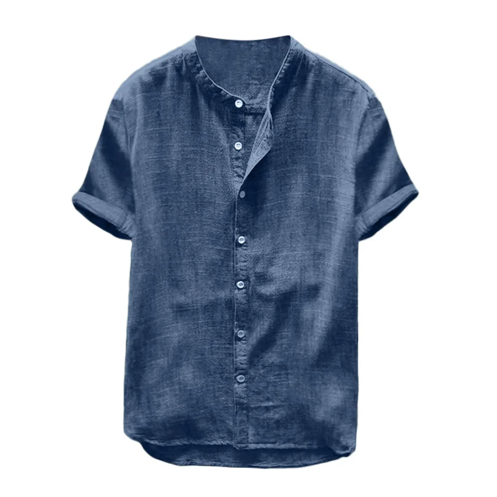 Summer Men Cotton Linen Shirts Round Collar Short Sleeve Button Solid Color Men's Tops Blouse T-shirt Casual Shirt