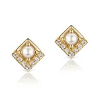Gold Stud Earrings Gemnel Hot Sale 14k Gold Petite Square Round Center Pearl Diamonds Stud Earrings