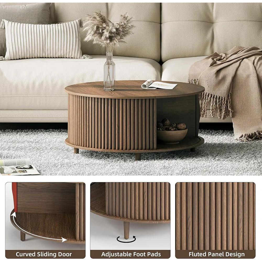 Mid Century Modern Luxury Wood Coffee Table with Sliding Cabinet Door Walnut Small Center Table Living Room Storage Coffee Table details