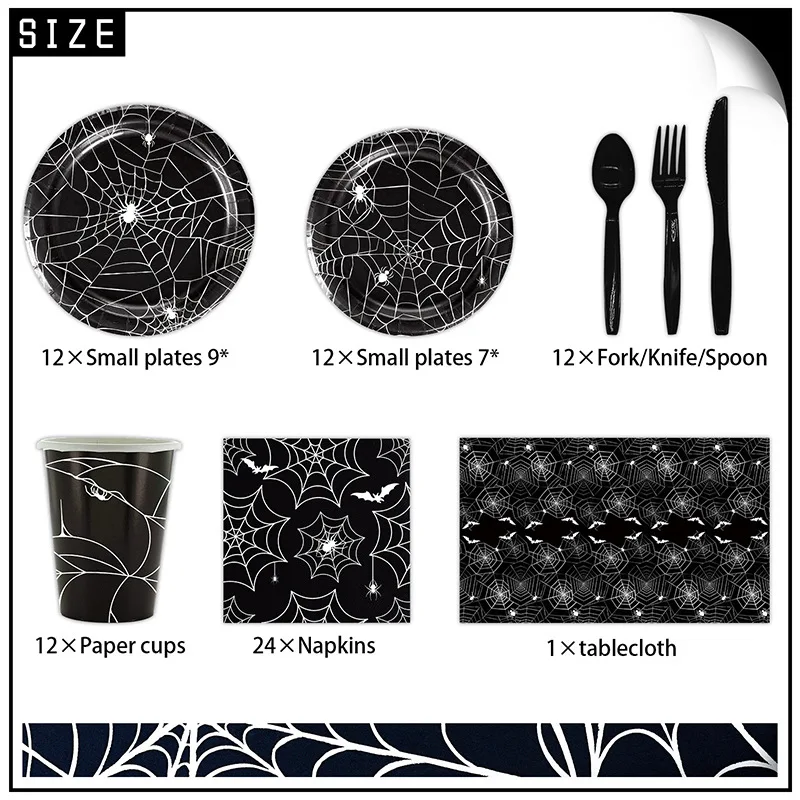 Halloween Black cobweb 12 people disposable paper plate paper cup Paper towels tablecloth Party tableware set for kids