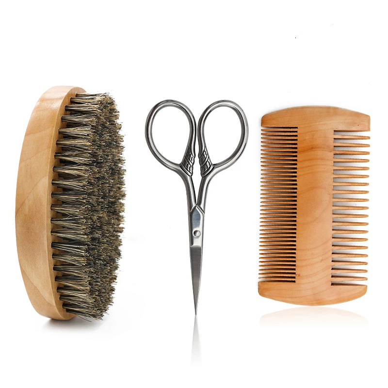 OEM Barber Double Tooth Hair Combs Brush Wooden Beard Care Gift Set For Mustache Home Hotel Use Beard Set