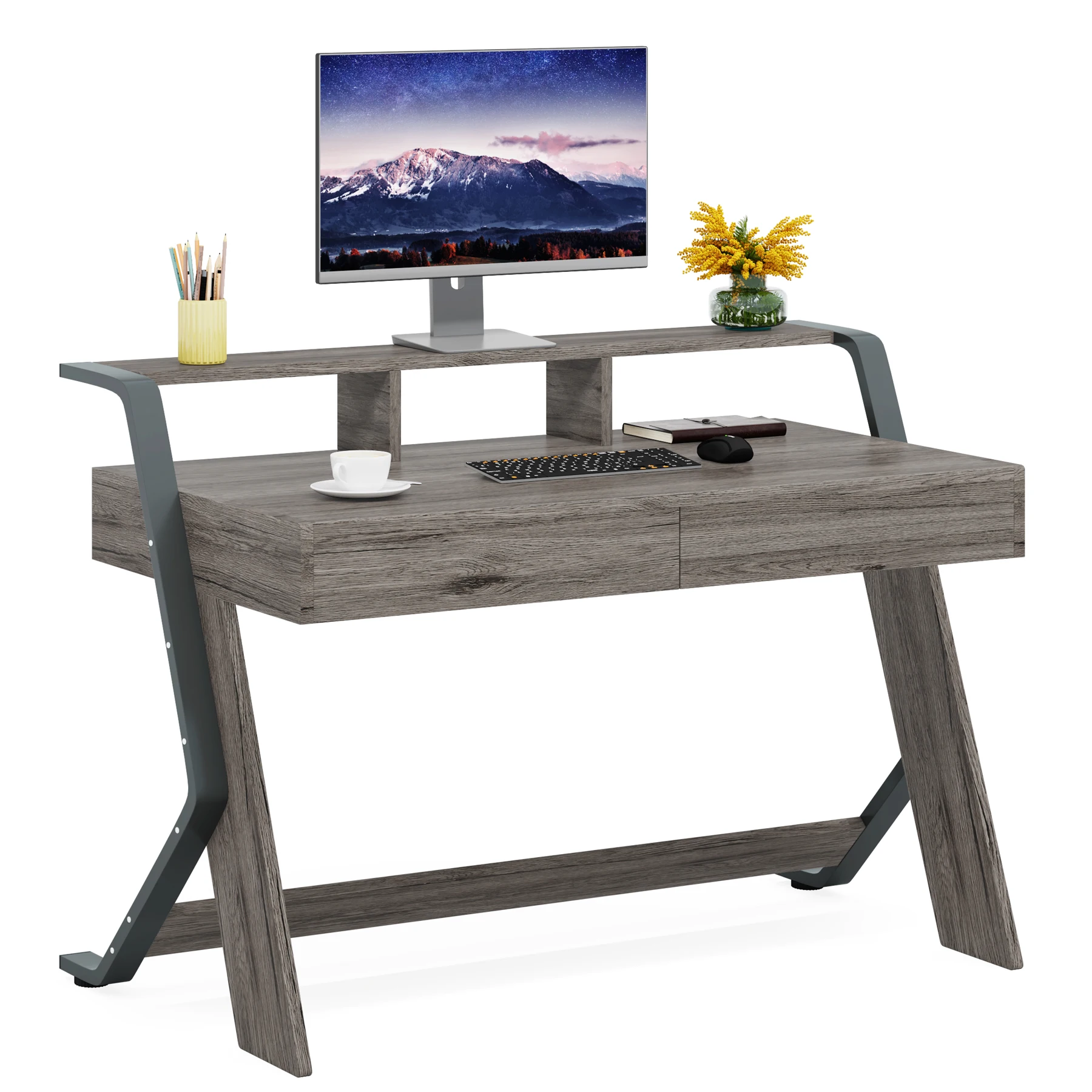 Tribesigns Computer Table Desk with 2 Storage Drawer 47 Inch Writing Desk With Monitor Stand Riser For Home Office