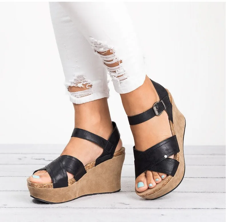 34-43 Large Roman Sandals Shallow round toe sloping high heels Open toe sandals