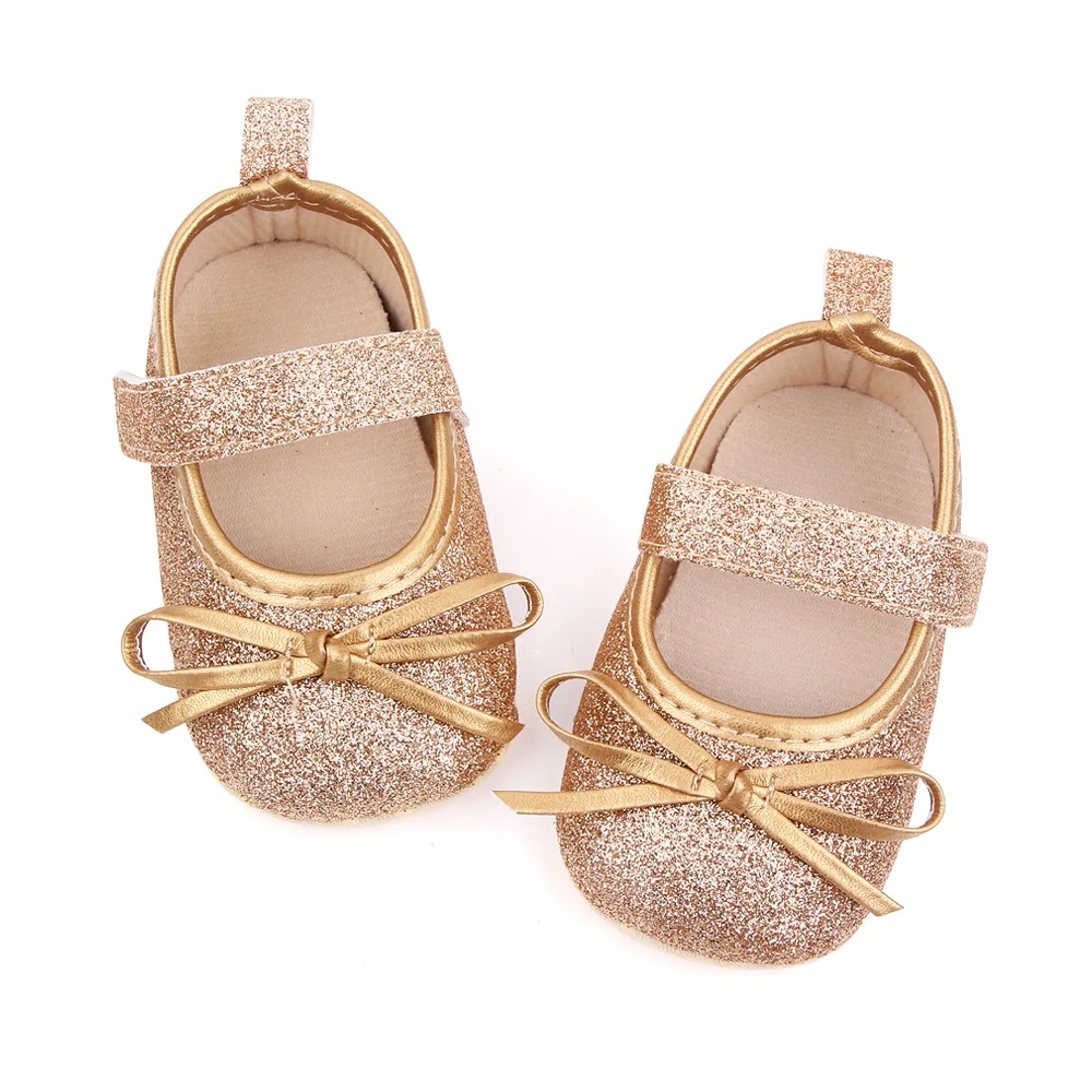 Spring and Autumn Baby Girls Sparkle Solid Color Glitter pink Bow Princess Toddler Shoes details