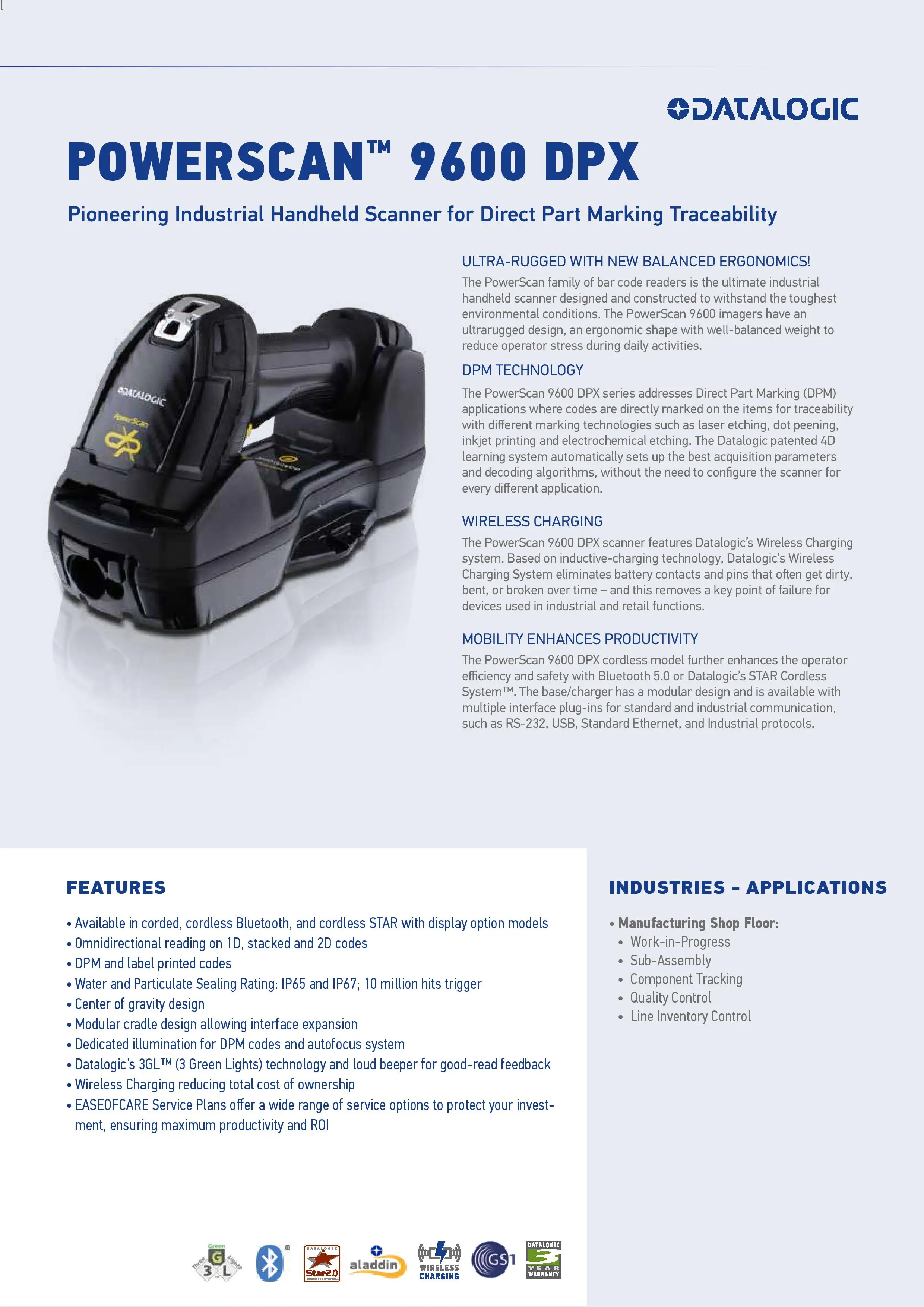 Datalogic PowerScan PBT9600 DPX - Handheld scanner for industrial DPM codes, Omnidirectional reading of 1D, 2D and stacked codes