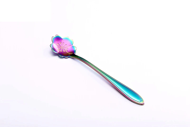 H9 Stainless Steel Gold Plating Colorful Cherry Blossoms Rose Flower Shaped Icecream Dessert Coffee Spoon