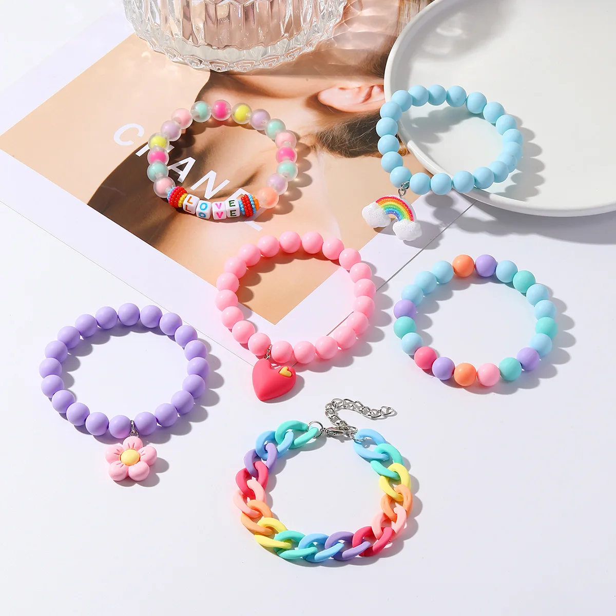 Wholesale Cheap Fashion Women Jewelry Cute Girls Colorful Rainbow Heart and Flower Charm Bead Bracelet For Kids