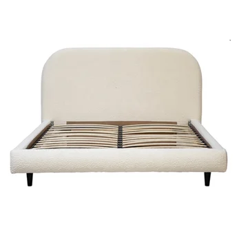 White cream boucle upholstered Queen bed frame with wood leg