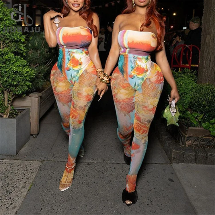 Colours Print Mesh Bodycon 2 Two Piece Sets Summer Outfits For Women Streetwear Y2k Pants Sets