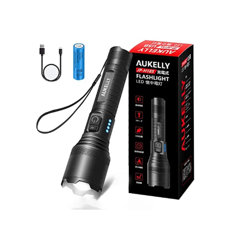 Aukelly LED Flashlights USB Rechargeable Flashlights High Lumens XM-L2 Tactical Flashlight Super Bright,Zoomable,Waterproof,Handheld Light for Camping,Emergency,Cycling,with 18650 Battery