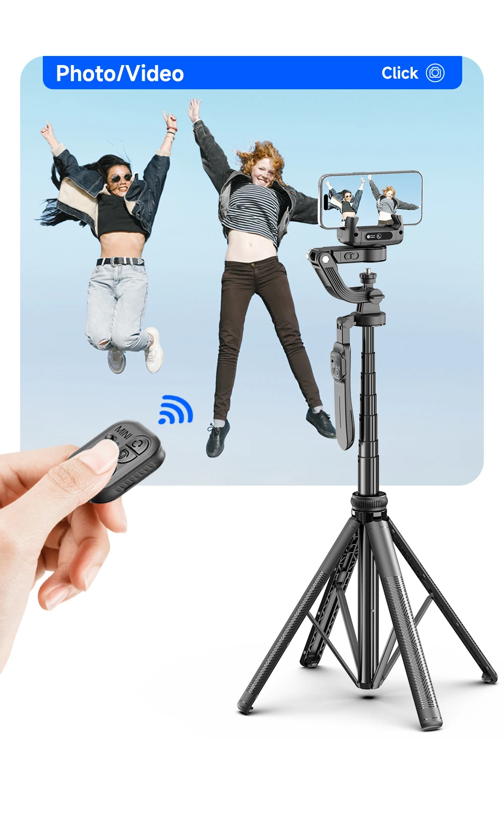 C16 Intelligent AI Face Tracking 360 Rotating Single Axis Gimbal Stabilizer Aluminum Alloy Rod Quadrupod Selfie Stick Light 540g