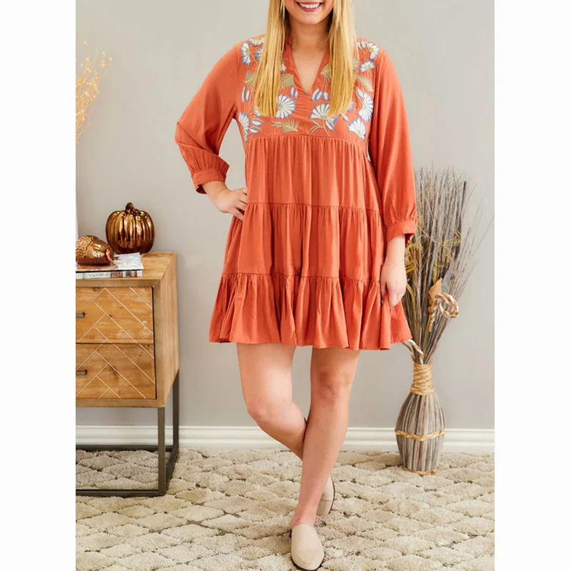 Dear-Lover OEM ODM Custom Logo Private Label Wholesale Plus Size Embroidered Tiered Ruffle Long Sleeve Mini Dress