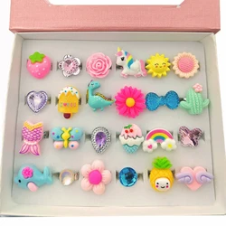 Wholesale Luxury 24Pcs DIY Fashion Cute Cartoon Princess Resin Material Children Girls Gift Toys Kids Accessory Crystal Rings Se