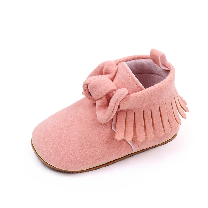 New Arrival Solid Color Fur Top Fringe Bow Soft Soled Baby Toddler Shoes for Girls manufacture