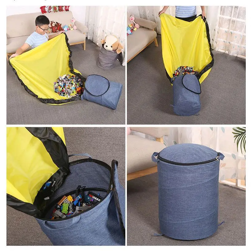 Detachable Play Mat Toys Storage Bucket Spiral Wire Frame Laundry Basket Foldable Popup Hamper Storage Bag